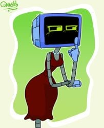 2d blush breasts dress female female_only girl gnaskb green_eyes humanoid karen_plankton robot robot_breasts robot_girl robot_humanoid screen_face simple_background spongebob_squarepants spongebob_squarepants_(series) thick_thighs tv tv_head widescreen