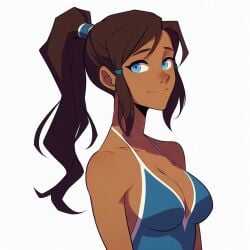 1girls ai_generated avatar_legends blue_eyes blue_swimsuit brown_hair cleavage dark-skinned_female dark_skin female female_only korra one-piece_swimsuit ponytail side_view sideboob smile solo swimsuit tankini the_avatar the_legend_of_korra water_tribe white_background