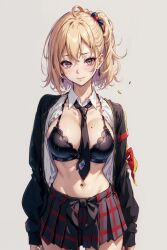 birthmark blonde_hair blush brassiere decorations excitement female light_skin looking_at_viewer open_shirt red_eyes school_uniform short_hair skirt white_background young