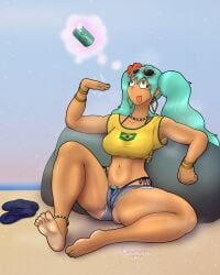 barefoot big_breasts blue_hair brazil brazilian brazilian_female brazilian_miku dark-skinned_female dark_skin dressed elementaleros feet female female_only hatsune_miku soles sweat tan_lines