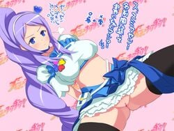 1girls aono_miki blue_eyes clothing cure_berry fresh_precure! fresh_pretty_cure! heart long_hair magical_girl no_panties pink_doragon ponytail precure pretty_cure purple_hair sameoka_yusura_(artist) skirt small_breasts solo spread_legs stockings thighhighs tied_hair translation_request uncensored