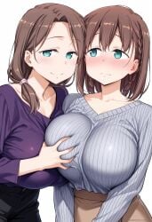 2girls adult_and_teenager age_difference ai-chan's_mother_(tawawa) ai-chan_(tawawa) ai_generated big_breasts blue_eyes blunt_bangs braid breast_focus breast_size_difference breasts brown_hair busty collarbone earrings embarrassed female female_focus female_only fondling fondling_breast getsuyoubi_no_tawawa groping groping_breasts hair_over_shoulder huge_breasts implied_incest incest large_breasts long_hair looking_at_viewer looking_away looking_to_the_side mature mature_female milf mother_and_daughter multiple_girls older_female_and_younger_female oppai pants plain_background ponytail presenting presenting_breasts sagging_breasts seductive seductive_eyes seductive_look seductive_smile shirt shy side_ponytail simple_background smile sweater swept_bangs tachibana_ai top_heavy top_heavy_breasts topwear upper_body v-neck v-neck_shirt yuri