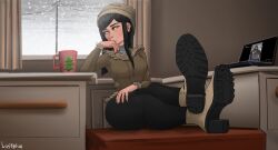 1girls alternate_version_available black_hair black_pants boot_fetish boots brown_eyes crossed_feet crossed_legs hi_res leggings looking_away luana_(lustysun) lustysun original_character pants shoe_soles shoes shoes_on sitting solo solo_female tagme winter_clothes