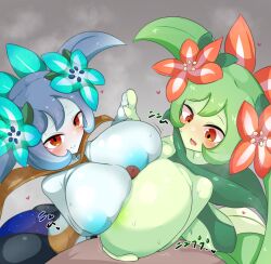 1boy 2girls anthro areola ass big_areola big_ass big_breasts big_thighs blue_hair blush breasts fellatio female flower gigantic_breasts green_hair green_skin hair_flower hair_grab huge_areola huge_ass huge_breasts huge_thighs inverted_nipples looking_at_partner looking_at_penis lyleen male nature nipples nude orange_eyes paizuri pal_(species) palphilia palworld penis penis_between_breasts plant plant_girl red_eyes skeletons62 sweat sweatdrop sweating tagme thick_hips thick_thighs thighs titfuck titjob twintails