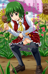 1girls ascot black_legwear black_panties black_thighhighs blush breasts clothing female flower green_hair have_to_pee homare_(suzu_no_oka) loafers no_humans panties panty_pull plaid plaid_skirt plaid_vest pussy red_eyes shoes short_hair skirt skirt_lift skirt_set solo spread_legs squatting stockings sunflowers team_shanghai_alice thighhighs touhou translation_request uncensored underwear youkai yuka_kazami yuuka_kazami