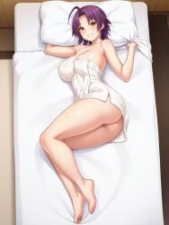 ai_generated ass azuma_marina big_ass big_breasts huge_ass isogil kashidashi_tsuma_marina_no_"netorase"_houkoku_binkan_tsuma_to_zetsurin_daigakusei looking_at_viewer massage_table purple_hair sexy_pose towel yellow_eyes