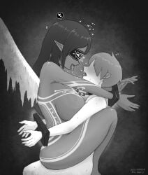 1boy 1girls angel angel_ghoul_(mon-musu_quest!) angel_girl big_breasts binds black_and_white blindfold cowgirl_position dominant_female face_to_face fallen_angel kissing kissing_while_penetrated luka_(mon-musu_quest!) mastery_position mon-musu_quest! monster_girl monster_girl_quest saliva saliva_trail sex spoken_heart tattoo to_kage_p