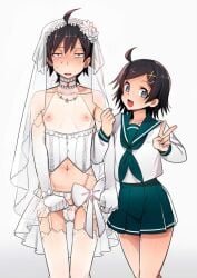 1boy 1girls black_hair blush cr-r hikigaya_hachiman hikigaya_komachi my_teen_romantic_comedy_snafu trap v wedding_dress wedding_veil white_background