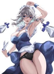 arm_up blue_dress blue_eyes bow braid breasts cleavage dress female green_bow hairbow izayoi_sakuya kaeranu_kaeru knife lace lace-trimmed_panties lace_trim large_breasts maid_headdress panties sakuya_izayoi short_hair silver_hair simple_background sleeveless solo thick_thighs thighs touhou twin_braids underwear white_background wrist_cuffs