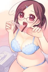 blue_bra blue_panties bow bow_bra bow_panties bra breasts brown_eyes brown_hair censored cleavage condom condom_on_penis condom_pull condom_removal cute_fang female glasses hair_ornament hairpin human kashiwamochi_yomogi lace-trimmed_bra lingerie magic_penis male nail_polish original panties penis plump sitting straight underwear