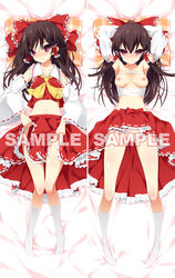 accurate_art_style blush bow breasts convenient_censoring dakimakura female female_only hairbow human nipples no_panties reimu_hakurei sample sarashi show_(artist) show_(rinnetenshow) skirt skirt_lift solo straight_hair touhou