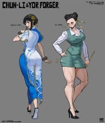 2girls brown_hair chun-li chun-li_(cosplay) clothes_swap crossover fatzhai female female_focus female_only multiple_girls muscular_female muscular_legs spy_x_family street_fighter street_fighter_6 thick_ass thick_legs thick_thighs wide_hips wide_thighs yor_briar yor_briar_(cosplay) yor_forger