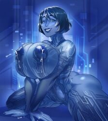 2d 2d_(artwork) all_fours amiri_ri_ big_ass big_breasts blue_body blue_skin bob_cut breast_squish busty cortana drawn female halo_(series) high_resolution highres huge_breasts lactating lactation looking_at_viewer smile smiling_at_viewer solo solo_female squish thick thick_thighs video_games