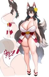 animal_ears blue_eyes brown_hair fox_girl fox_tail huge_breasts kitsune miko suruga_(xsurugax)