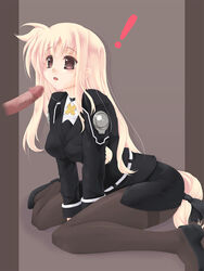 blonde_hair blush bow censored fate_testarossa female frapowa hairbow long_hair low-tied_long_hair lyrical_nanoha magic_penis mahou_shoujo_lyrical_nanoha mahou_shoujo_lyrical_nanoha_strikers military military_uniform open_mouth pantyhose penis red_eyes sitting solo surprised uniform very_long_hair