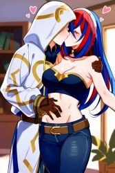 ai_generated alear_(female)_(fire_emblem) alear_(fire_emblem) belt black_strapless blue_hair fire_emblem fire_emblem_engage fire_emblem_heroes gloves hand_on_another's_shoulder hand_on_another's_waist heart jeans kiran_(fire_emblem) kissing midriff multicolored_hair nai_diffusion red_hair stable_diffusion strapless two_tone_hair