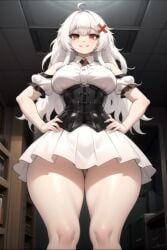 1girls ai_generated corset daidouji_(artist) darkraiteam dominant_female erispheria female female_only goddess long_hair long_white_hair looking_at_viewer red_eyes solo thick_legs thick_thighs twitch virtual_youtuber voluptuous voluptuous_female vtuber white_dress white_hair youtube