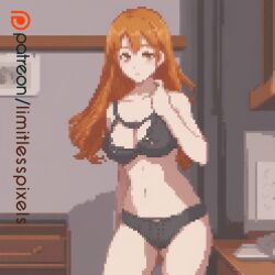 black_bra black_panties bra breasts ginger ginger_hair hands_in_hair limitless_pixels long_hair nipples orange_eyes pixel pixel_(artwork) pixel_art pixelated self_upload underwear