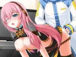 blue_eyes blush breasts doggy_style female kaito_(vocaloid) kaito_v1 long_hair megurine_luka no_underwear pink_hair sex skirt thighhighs unseen_male_face vocaloid vocaloid_1 vocaloid_2 wince wink yakitori-oni yakitori_(oni) zettai_ryouiki