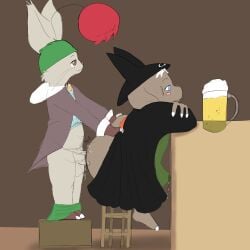 alcohol anal anal_sex anthro bar_stool beer beverage blush bodily_fluids bottomwear bottomwear_down clothed clothing duo erection erection_under_clothing final_fantasy final_fantasy_tactics furniture genital_fluids hi_res leaking_precum lube male male/male mammal moogle nintendo nu_mou pants pants_down partially_clothed penetration precum pub public public_sex raised_clothing raised_tail sex size_difference square_enix stool sweat sweatdrop tail tenting twerpishimp