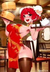 1girls blush bun_cover chinese_clothes detailed_background female female_only heterochromia holding_object hololive hololive_fantasy hololive_japan honeylm27k houshou_marine kettle light-skinned_female light_skin looking_at_viewer open_mouth red_hair smile smiling standing steam stocking sweat virtual_youtuber vtuber