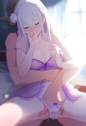 ai_generated elf elf_ears elf_female elf_girl emilia_(re:zero) female fingers_on_pussy flower_in_hair flower_ornament hair_ornament half-elf light-skinned_female light_skin long_hair male male/female medium_breasts natsuki_subaru pointy_ears princess purple_eyes re:zero_kara_hajimeru_isekai_seikatsu royalty silver_hair very_long_hair white_hair