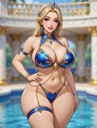 1girls ai_generated arm_accessory armlet belly_button bikini blonde_hair blurry_background bracelet bursting_breasts cleavage earrings elegant eyelashes female grok hand_on_hip hourglass_figure large_breasts light-skinned_female long_hair loose_hair luxury midriff one_hand_on_hip pelvic_line poolside rgomez007 royal royalty self_upload sideboob skindentation smiling_at_viewer solo_female standing swimming_pool swimsuit thick_outline thick_thighs thigh_strap thighband thighlet tiara voluptuous wide_hips