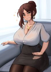 1girls breasts brown_hair female green_eyes hi_res hips huge_breasts lap_pillow_invitation light-skinned_female light_skin long_hair mature_female naughty_face office_lady original original_character roresu thick_thighs thighs voluptuous wide_hips