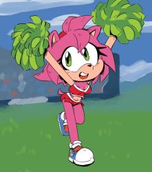 1girls amy_rose breasts cheerleader cheerleader_uniform cleavage crop_top croptop female female_only field green_eyes green_pom_poms hairband light_skin midriff nic-os open_mouth outdoors pink_fur pink_hair pom_poms red_crop_top red_hairband red_shorts sega shoes shorts skirt solo sonic_the_hedgehog_(series)