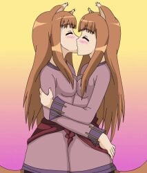 2girls animated holo kissing loop multiple_girls multiple_persona selfcest spice_and_wolf wolf_ears wolf_girl yuri