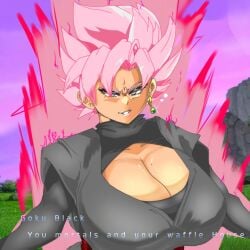 1girls aura big_breasts black_clothes black_clothing breasts cleavage cleavage_window dragon_ball dragon_ball_sparking!_zero dragon_ball_super dragon_ball_z english english_text eyelashes female female_focus female_goku female_goku_black female_only genderbent genderswap genderswap_(mtf) goddess goku_black grey_eyes huge_boobs huge_breasts large_boobs large_breasts lipstick mole mole_on_breast pink_aura pink_hair pink_lipstick potara potara_earring potara_earrings sacred_world_of_the_kai saiyan saiyan_girl sirpanduh sirpanduh_(artist) smile spiked_hair spiky_hair super_saiyan_rose supreme_kai's_world text text_box