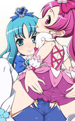 2girls 5_fingers bad_id bike_shorts blue_eyes blue_hair blush bow clothing cure_blossom cure_marine earrings erika_kurumi female female_only hair_ornament heartcatch_precure! heartcatch_pretty_cure! jewelry jpg latex long_hair looking_at_viewer magical_girl masa_yuki multiple_girls no_visible_genitalia pink_eyes pink_hair ponytail precure pretty_cure pussy shorts spread_legs spread_pussy spread_pussy_under_clothes stockings straight_hair take_your_pick thighhighs tied_hair tsubomi_hanasaki yuri