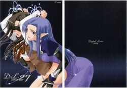 2girls blindfold blush brown_hair fate/stay_night fate_(series) female female_only gloves highres long_hair looking_at_viewer medea_(fate) multiple_girls nakajima_yuka no_visible_genitalia open_mouth panties pointy_ears purple_eyes purple_hair ribbon straight_hair sweat tohsaka_rin underwear yuri