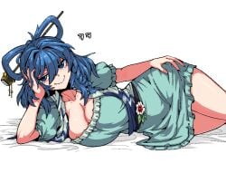 big_breasts blue_dress blue_eyes blue_hair breasts cleavage formicid hand_on_hip laying_down laying_on_bed looking_at_viewer seiga_kaku smile smiling smiling_at_viewer supporting_head touhou