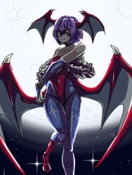 bat_wings cobra_bubbles_(artist) darkstalkers head_wings lilith_aensland moon moonlight purple_hair red_eyes small_breasts solo succubus wings