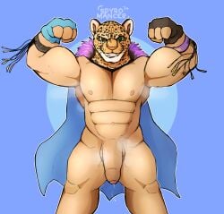 abs absurd_res animal_humanoid anthro balls bared_teeth big_balls big_penis bodily_fluids breasts brown_body brown_fur cape clenched_teeth clothing confident confident_male cuffs_(clothing) cum eyebrows fangs feathered_cape feathers felid felid_humanoid flaccid flexing flexing_bicep flexing_biceps flexing_both_biceps flexing_muscles foreskin fur genital_fluids genitals glistening glistening_body glistening_breasts glistening_eyes glistening_genitalia glistening_penis glistening_skin gloves gradient gradient_background green_eyes handwear hi_res huge_balls humanoid jaguar jaguar_humanoid king_(tekken) leaking leaking_cum leaking_penis leaking_precum male male_only mammal mammal_humanoid markings muscular muscular_anthro muscular_humanoid muscular_male muscular_thighs navel nipples orange_body orange_fur orange_nose pantherine pantherine_humanoid pecs penis precum purple_body purple_feathers raised_arm raised_eyebrow simple_background smile smiling_at_viewer solo spots spotted_body spotted_fur spotted_markings spyromancer standing tan_body tan_skin teeth teeth_showing tekken text white_body white_skin