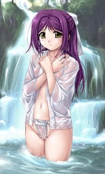 akai_ibara areola areolae blush breasts cameltoe covering covering_breasts crossed_arms female flat_chest fundoshi hair_ribbon happi highres japanese_clothes kimono long_hair mole navel nipples no_bra no_pants open_clothes open_shirt outdoors panties puffy_nipples purple_hair pussy ribbon see-through shinazu_fujimi shirt solo straight_hair underwear wading water waterfall wet wet_clothes wet_panties yamakasa yellow_eyes zundarepon