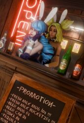 3d alcohol blue_hair bunny_ears bunny_girl bunnysuit dark_skin gwen_(league_of_legends) implied_futanari league_of_legends otaviox6 white_skin yellow_hair zeri_(league_of_legends)