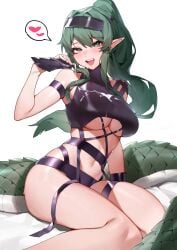 1girls animal_tail arknights big_breasts blush breasts crocodile_tail female gavial_(arknights) gloves green_eyes green_hair lemilyia liquid long_hair open_mouth pointy_ears ponytail sitting smile solo straps sunscreen swimsuit tail thighs underboob white_background