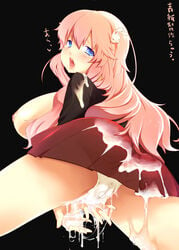 baka_to_test_to_shoukanjuu blue_eyes blush breasts bukkake bunny cameltoe cum cum_on_clothes fat_mons female hair_ornament highres himeji_mizuki huge_breasts karochii_(mochiya) long_hair open_mouth panties simple_background skirt solo translation_request underwear