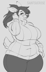 anthro big_breasts breasts doe female glasses ponytail saintsucrose sweater tail thick_thighs wide_hips