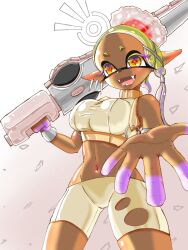 2024 background big_breasts bodysuit breasts clothed clothing dark-skinned_female dark_skin digital_media_(artwork) female frye_(splatoon) frye_onaga headwear helping_hand hi_res holding_weapon looking_at_viewer marine marine_humanoid mollusk mollusk_humanoid open_mouth pointy_eared_humanoid pointy_ears pointy_teeth short_pants smiling smiling_at_viewer splatoon splatoon_(series) splatoon_3 splatoon_3:_side_order t2ukmyjm tight_clothing yellow_eyebrows yellow_eyelashes yellow_eyes yellow_hair