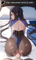 1boy 1girls ai_generated bed big_ass black_hair blue_eyes cum cum_in_pussy cum_inside cum_on_ass cum_on_body doggy_style genshin_impact long_hair mona_(genshin_impact) ohmywaifu patreon_username penis penis_in_pussy tagme vagina vaginal_penetration vaginal_sex