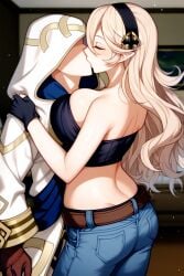 ai_generated belt black_strapless corrin_(fire_emblem) corrin_(fire_emblem)_(female) fingerless_gloves fire_emblem fire_emblem_fates fire_emblem_heroes from_behind hand_on_another's_shoulder jeans kiran_(fire_emblem) kissing midriff nai_diffusion stable_diffusion strapless