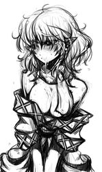 1girls bare_shoulders blush breasts cum cum_in_mouth cum_on_body cum_on_breasts cum_on_upper_body cumdrip female highres ichikai looking_away mizuhashi_parsee monochrome pointy_ears scarf solo tears touhou