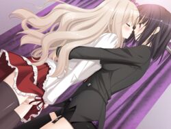 black_hair blonde_hair blue_eyes blush female female_only game_cg kawamura_reo long_hair masturbation multiple_girls no_visible_genitalia peko red_eyes sawaguchi_mai short_hair sono_hanabira_ni_kuchizuke_wo straight_hair thighhighs yuri