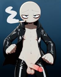 ai_generated bald balls censored cigarette flaccid grey_skin leather_jacket leather_pants n980a navel open_jacket open_pants peter_(your_boyfriend) shirt slim smoking solo_male stickman your_boyfriend_(game)