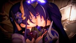 2girls 3d acheron_(honkai:_star_rail) angry animated crossover eye_contact female female_only genshin_impact honkai:_star_rail kissing miruno_(artist) multiple_girls purple_hair raiden_shogun tongue_kiss video yuri