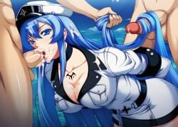 2boys1girl ai_generated akame_ga_kill! bent_forward blue_eyes blue_hair cleavage cum cum_in_mouth cum_on_hair cum_on_penis deepthroat esdeath_(akame_ga_kill!) hair_fetish hair_grab hairjob hands_behind_back large_breasts military_hat military_uniform penis tattoo very_long_hair