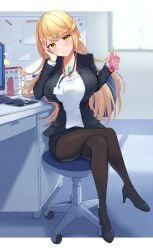 1girls black_blazer black_skirt blazer blonde_hair breasts carton chair computer computer_monitor computer_mouse core_crystal earrings hairclip high_heels holding_carton id_card lanyard large_breasts legs_crossed long_hair looking_at_viewer mythra name_tag nintendo office_lady pantyhose pencil_skirt shirt sitting_on_chair skirt strawberry_milk swivel_chair taro_(peach_taro51) white_shirt xenoblade_(series) xenoblade_chronicles_2 yellow_eyes